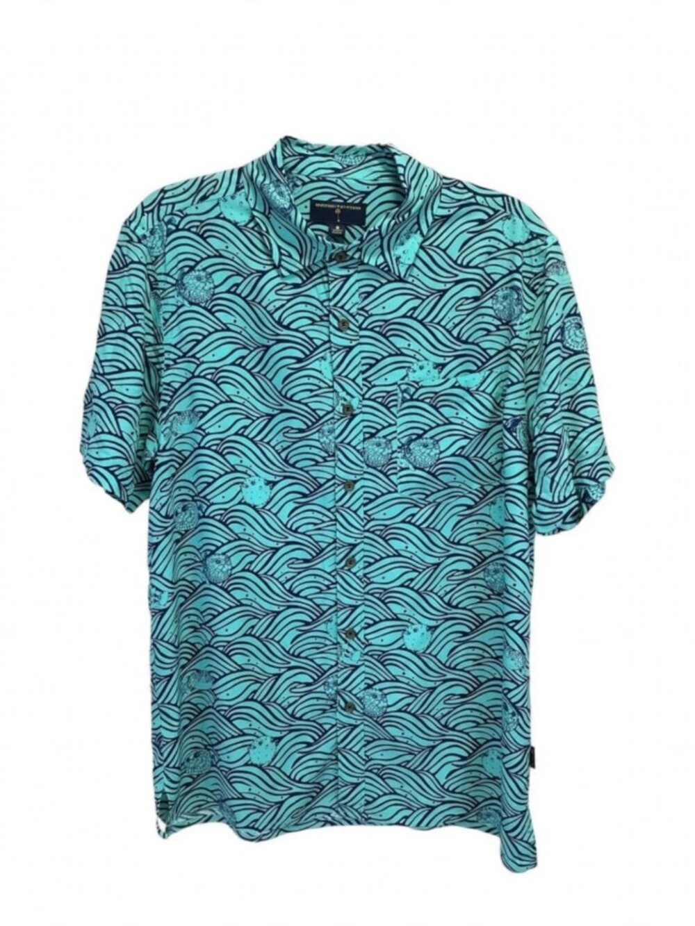 Vineyard Vines Turquoise Blue Wave Pufferfish Hawaiian Shirt Men Size S Short